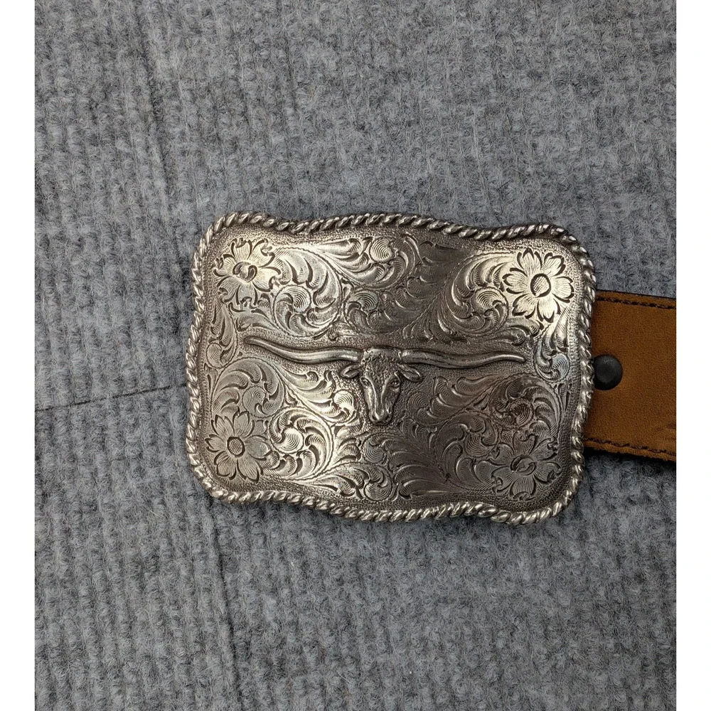 Tony Lama Tooled Leather Belt Nocona Buckle Womens 38 Brown Silver Tone Bull - Picture 5 of 9